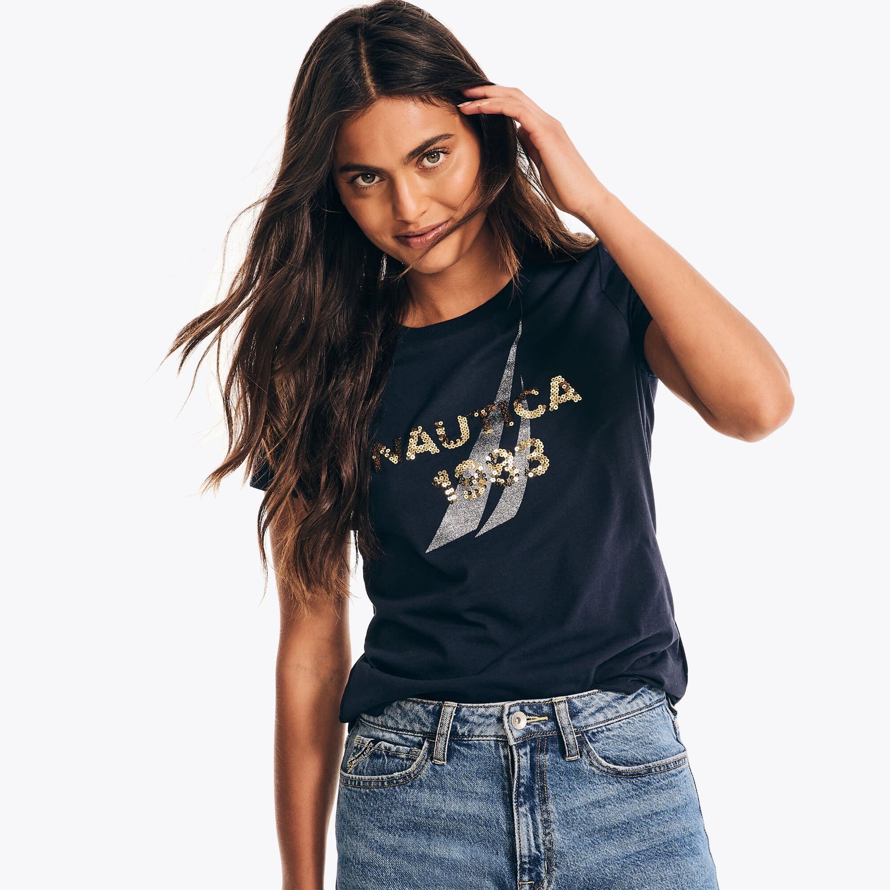 Nautica Women's Sustainably Crafted Sequin Logo T-Shirt Stellar Blue Heather