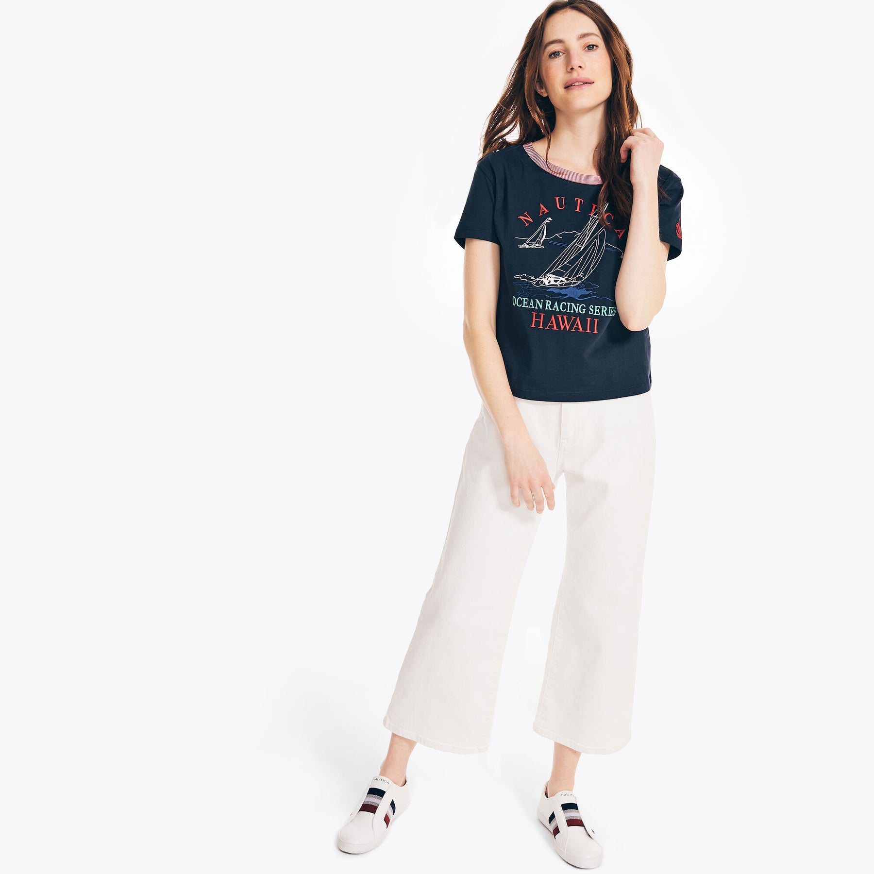 Nautica Women's Cropped Logo Graphic T-Shirt Navy