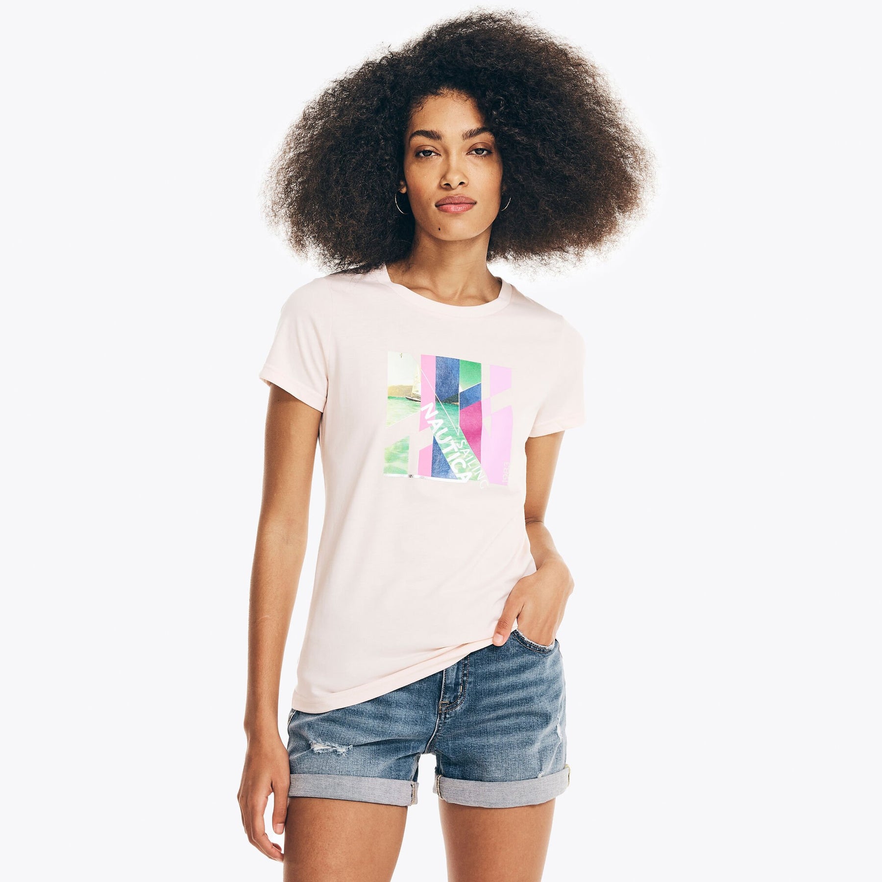 Nautica Women's Sustainably Crafted Ocean Photo Foil Graphic T-Shirt Bow Burgundy