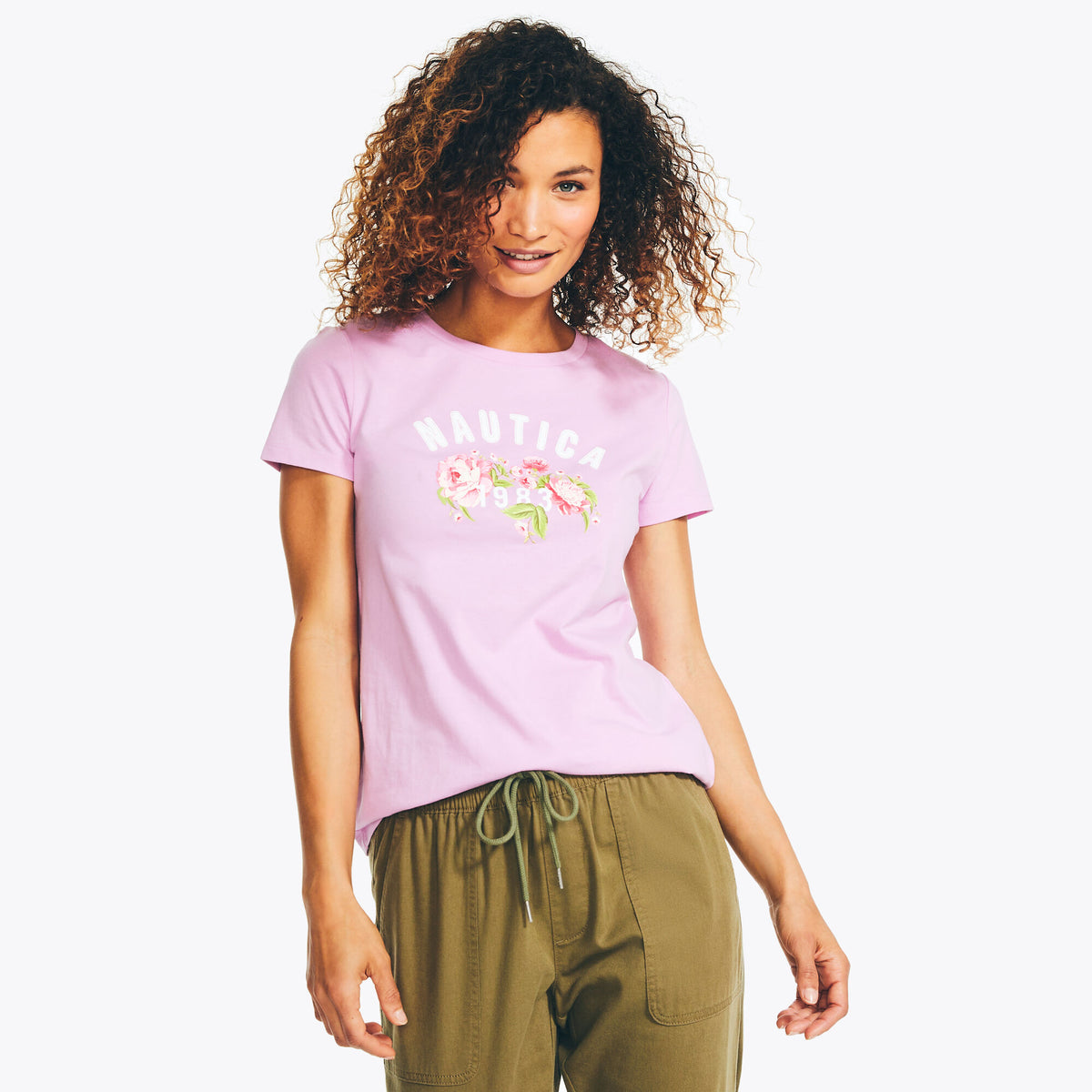 Nautica Women's Sustainably Crafted Floral Logo Graphic T-Shirt Electric Purple