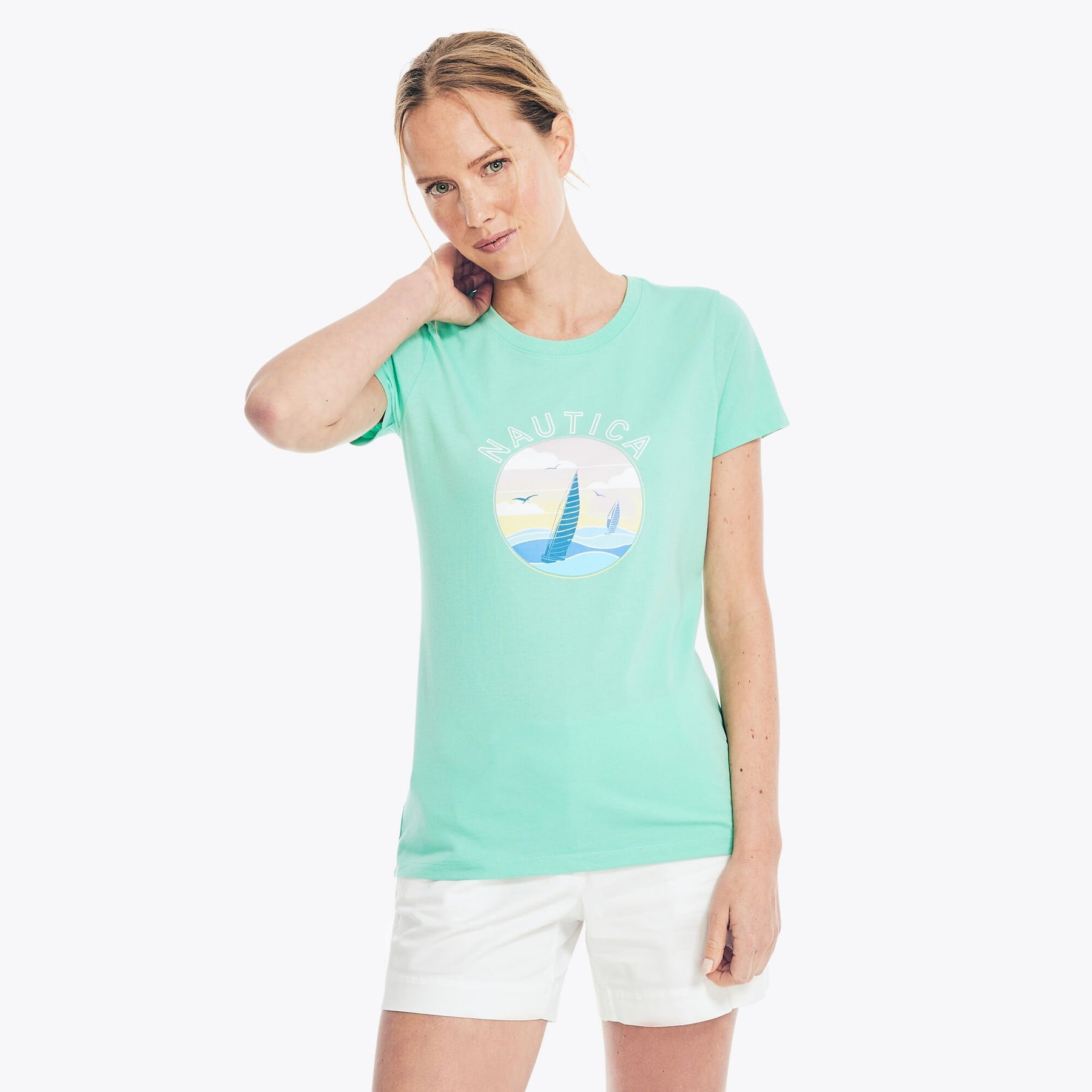 Nautica Women's Sustainably Crafted Sailing Graphic T-Shirt Mint Spring