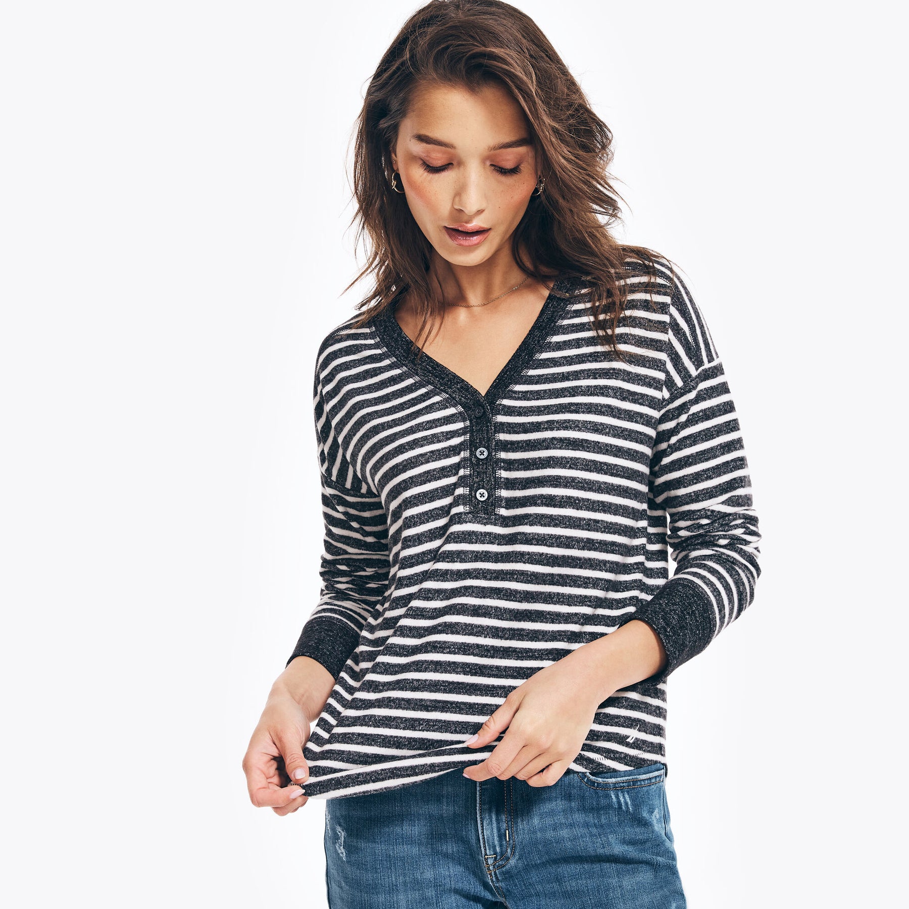 Nautica Women's Striped Knit Henley Charcoal Heather