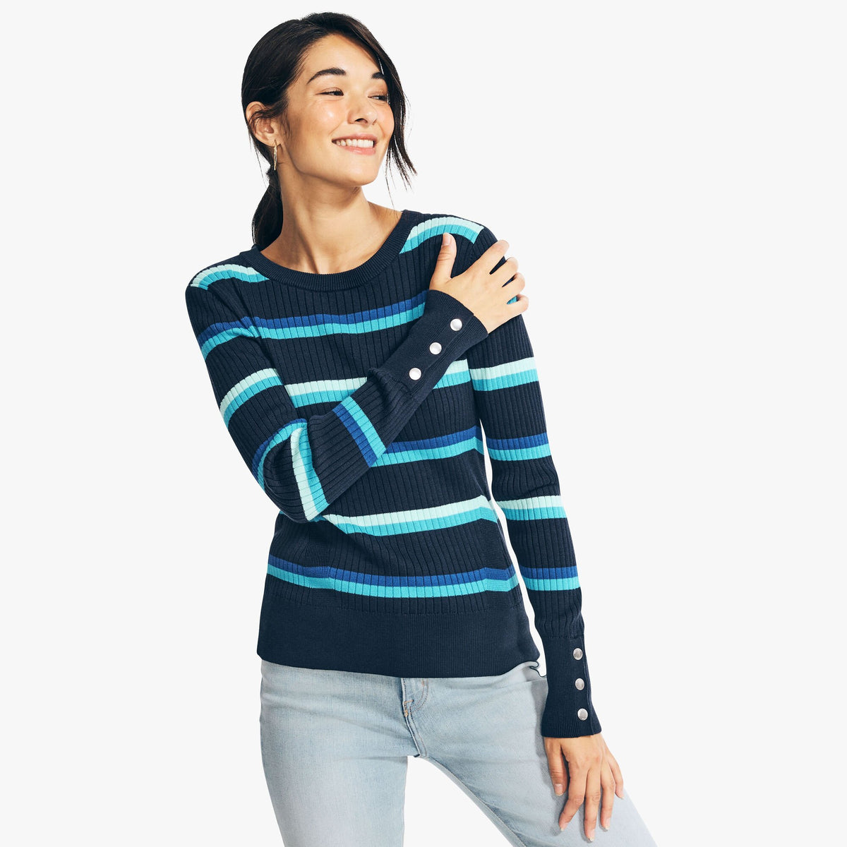 Nautica Women's Sustainably Crafted Striped Rib-Knit Sweater Stellar Blue Heather