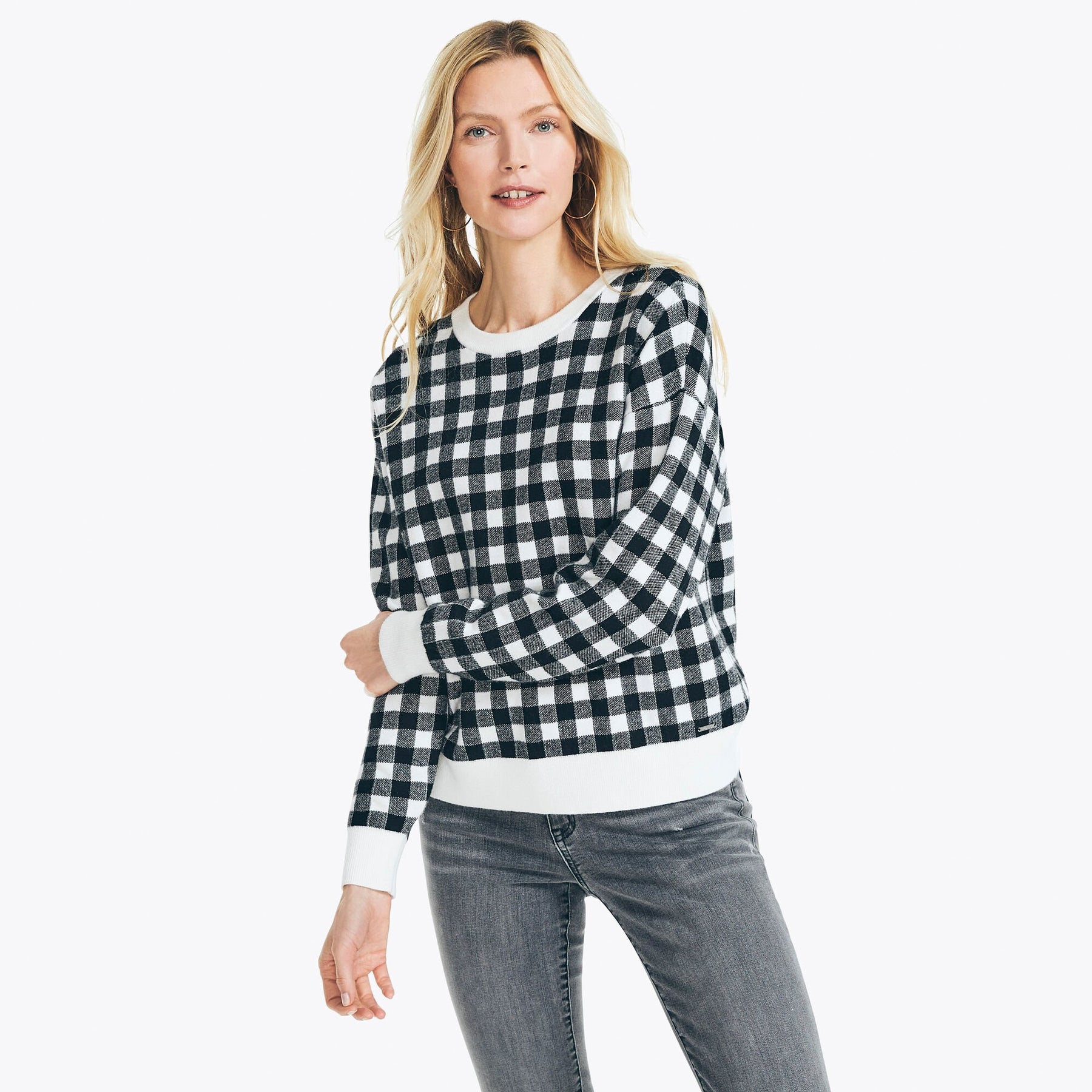 Nautica Women's Gingham Crewneck Sweater Marshmallow