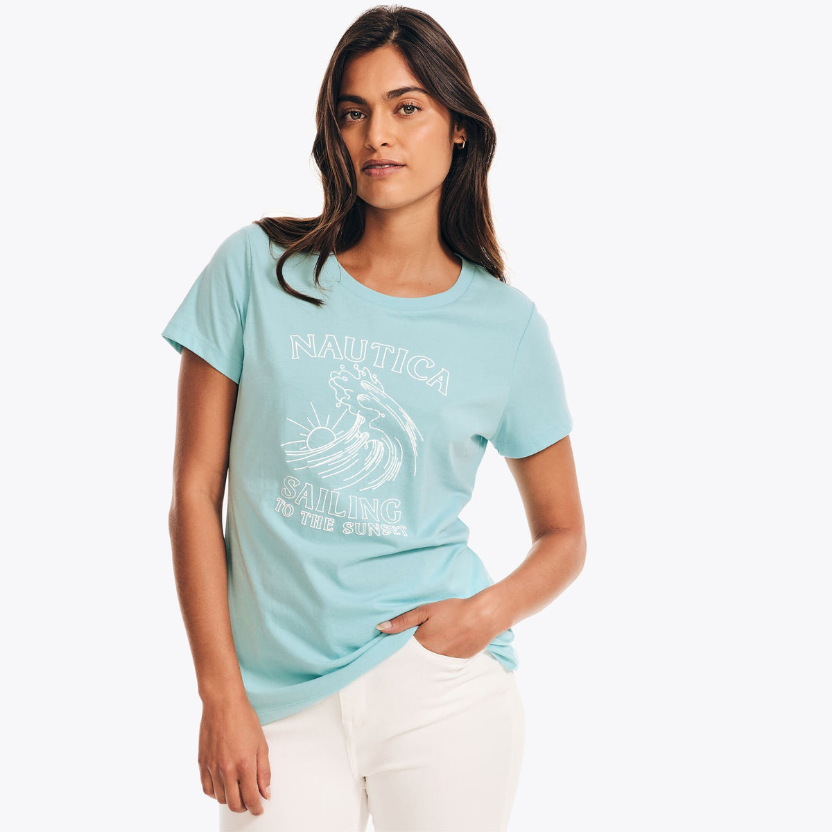 Nautica Women's Sustainably Crafted Waves Graphic T-Shirt Light Tide Water Wash