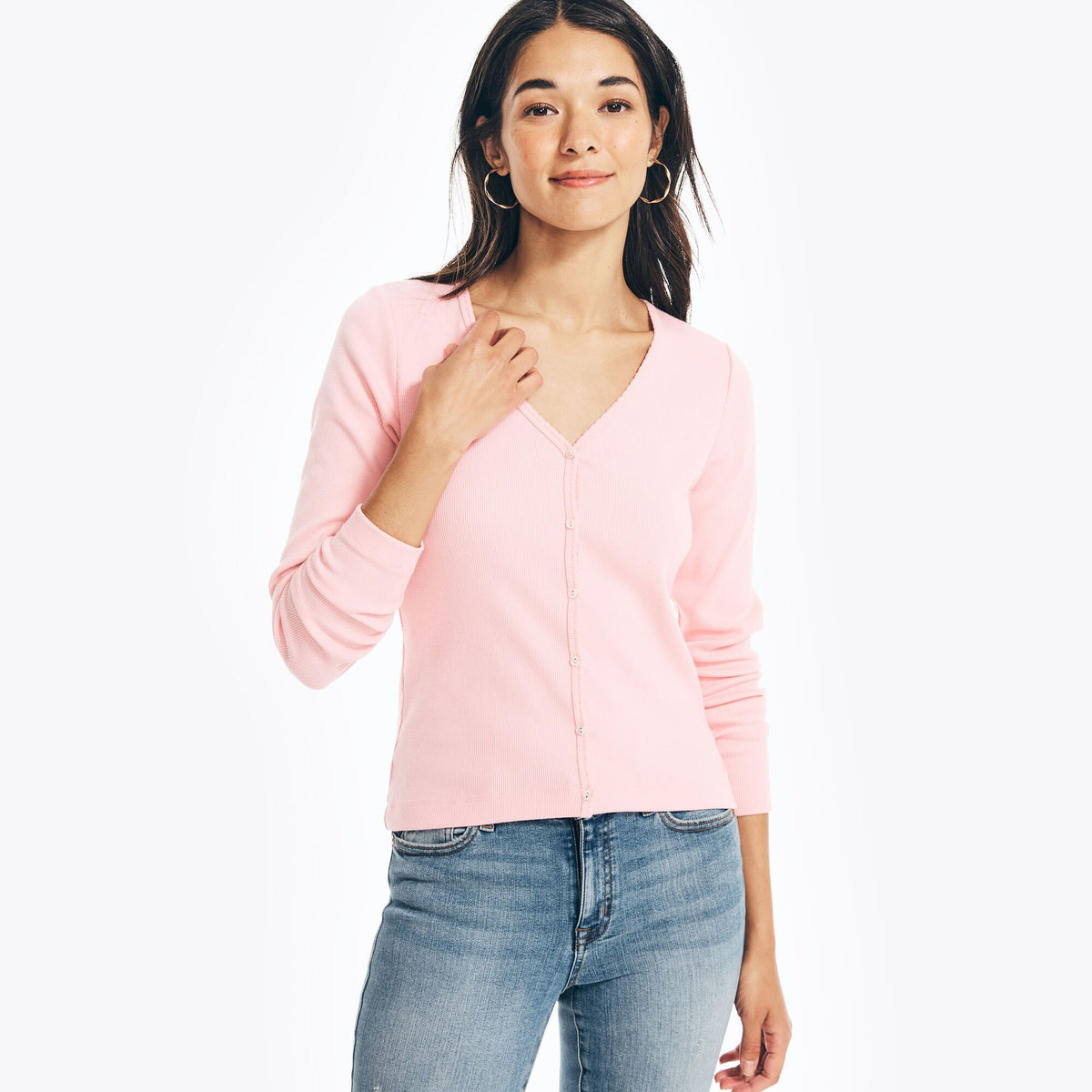 Nautica Women's Ribbed Button-Front Top New Pink