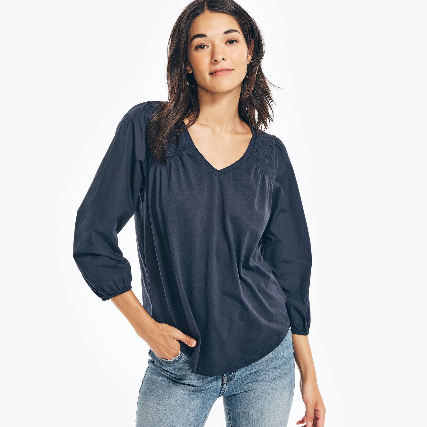 Nautica Women's Woven Knit Top Stellar Blue Heather