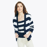 Nautica Women's Striped Cable-Knit Cardigan Stellar Blue Heather