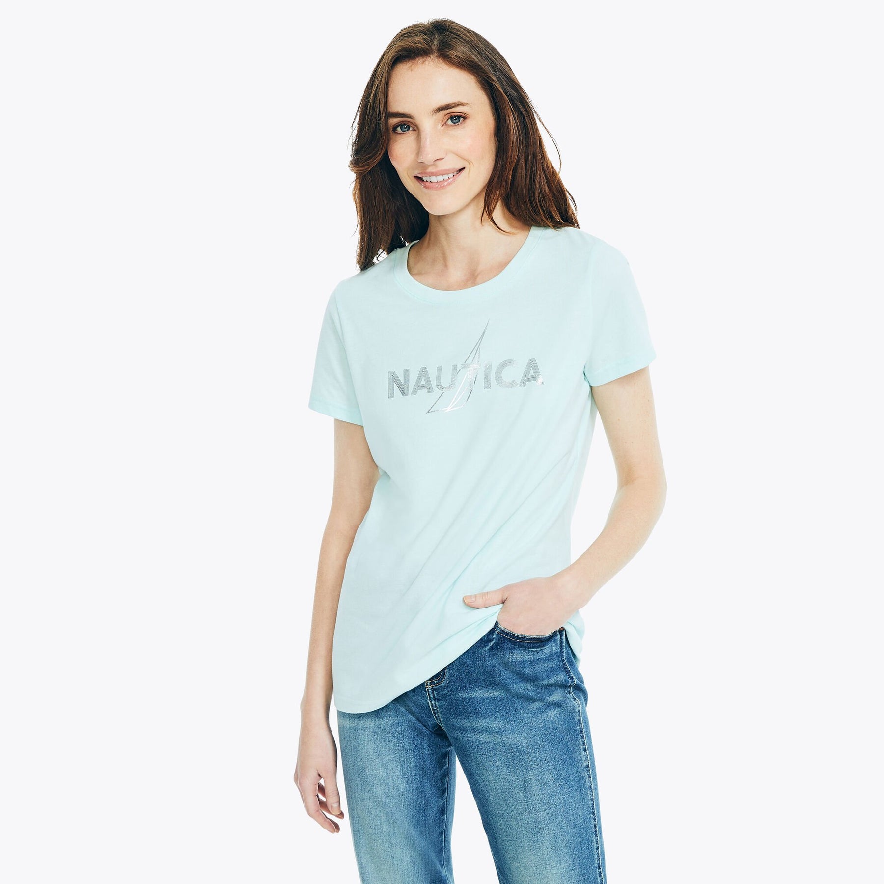 Nautica Women's Sustainably Crafted Foil J-Class Graphic T-Shirt Aquabreeze