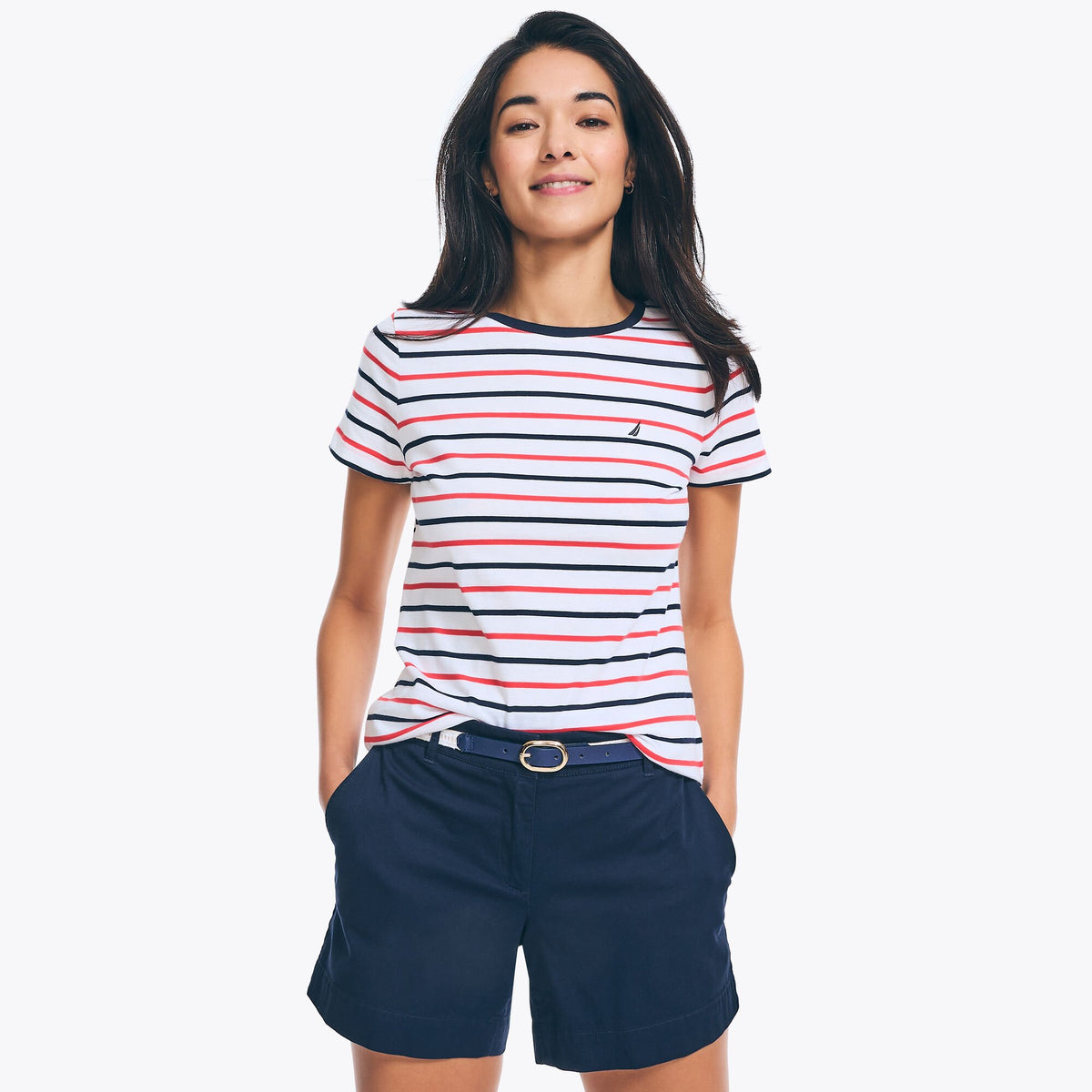 Nautica Women's Striped Crewneck T-Shirt Bright White