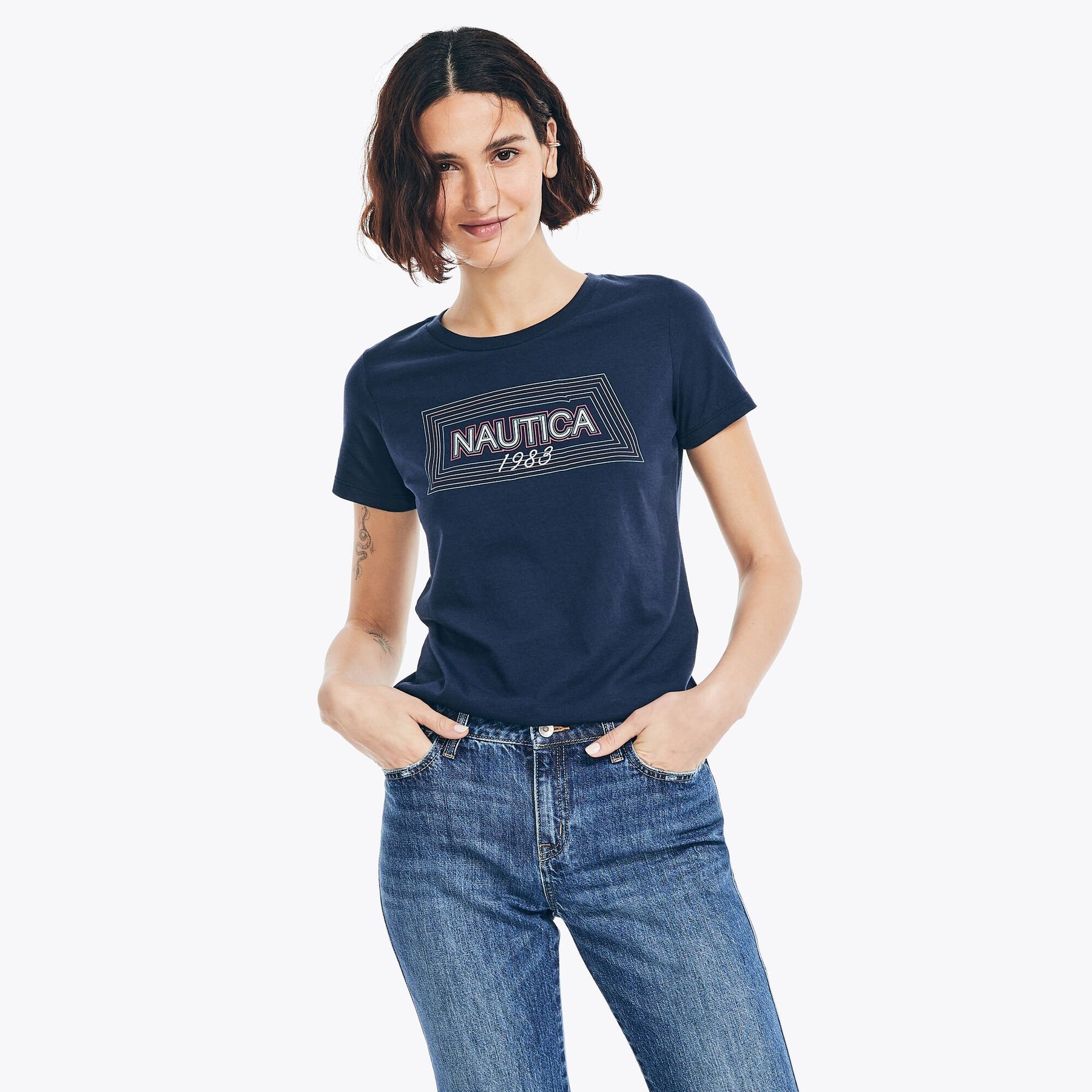 Nautica Women's Sustainably Crafted Heritage Foil Logo Graphic T-Shirt Stellar Blue Heather