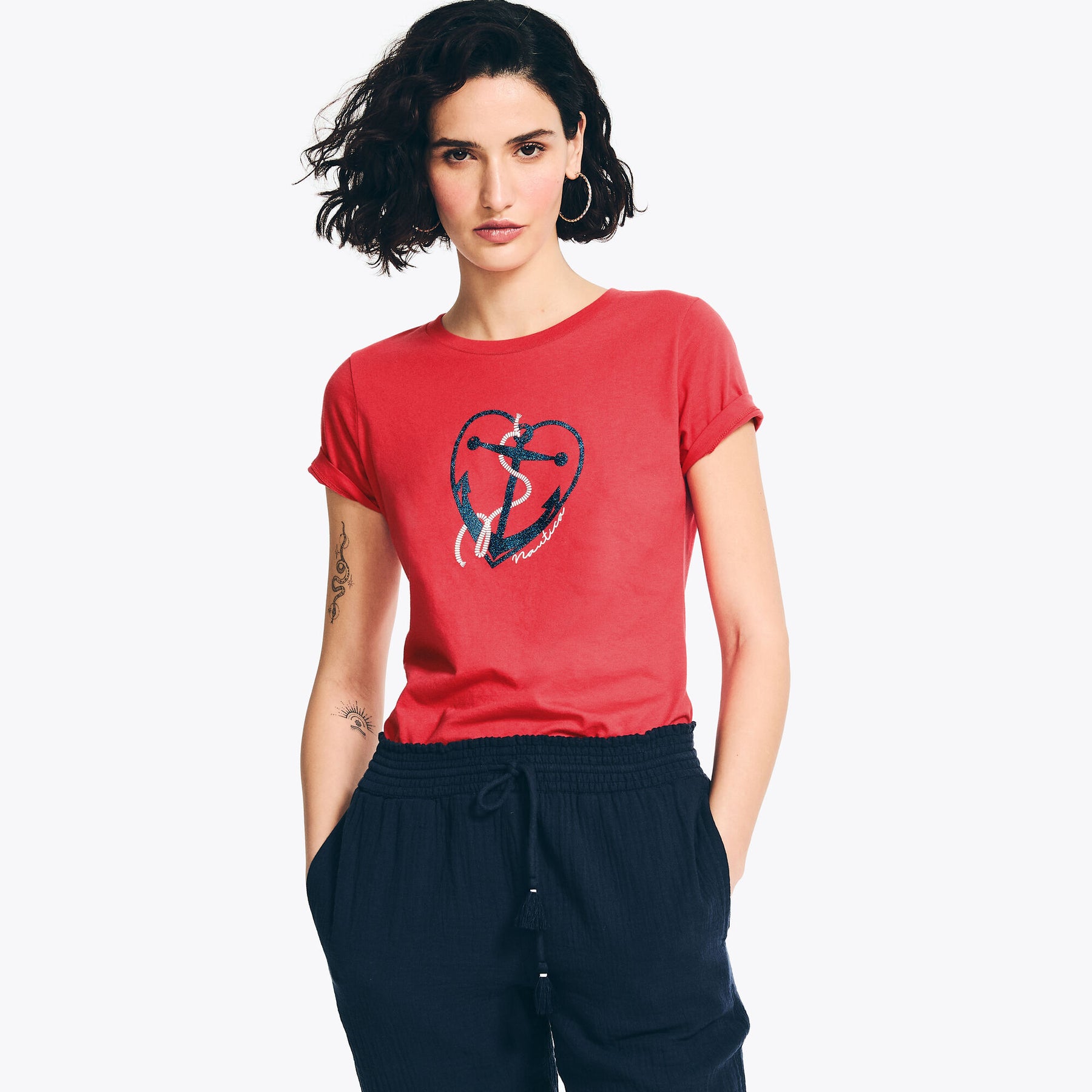 Nautica Women's Sustainably Crafted Glitter Hearted Anchor Graphic T-Shirt Tomales Red