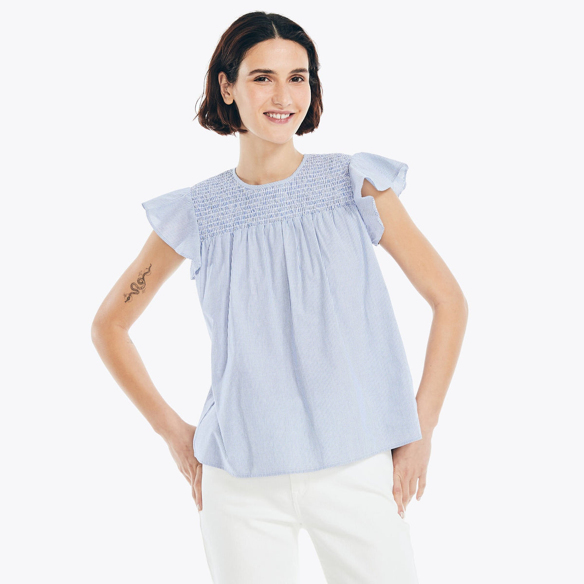 Nautica Women's Striped Smocked Top Bright White