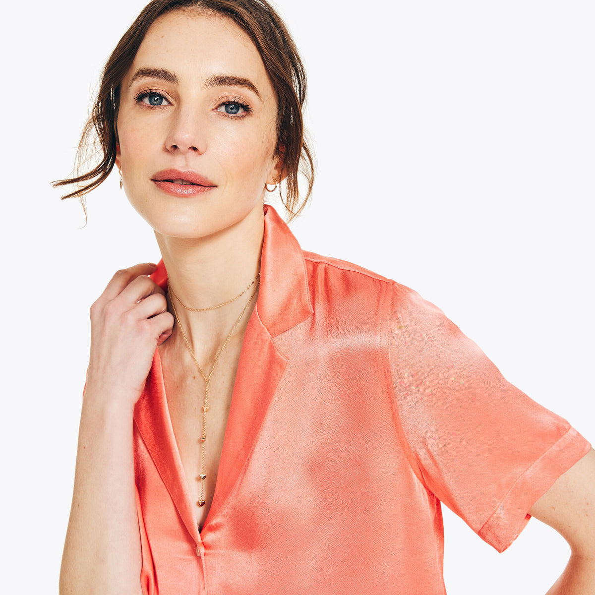 Nautica Women's Satin Short-Sleeve Camp Shirt Pale Coral