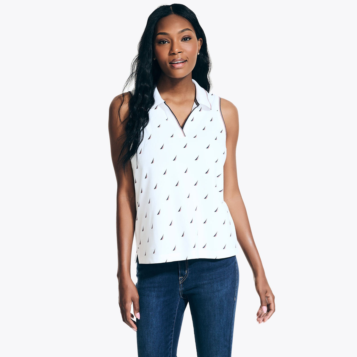 Nautica Women's J-Class Printed Split-Neck Sleeveless Polo Bright White