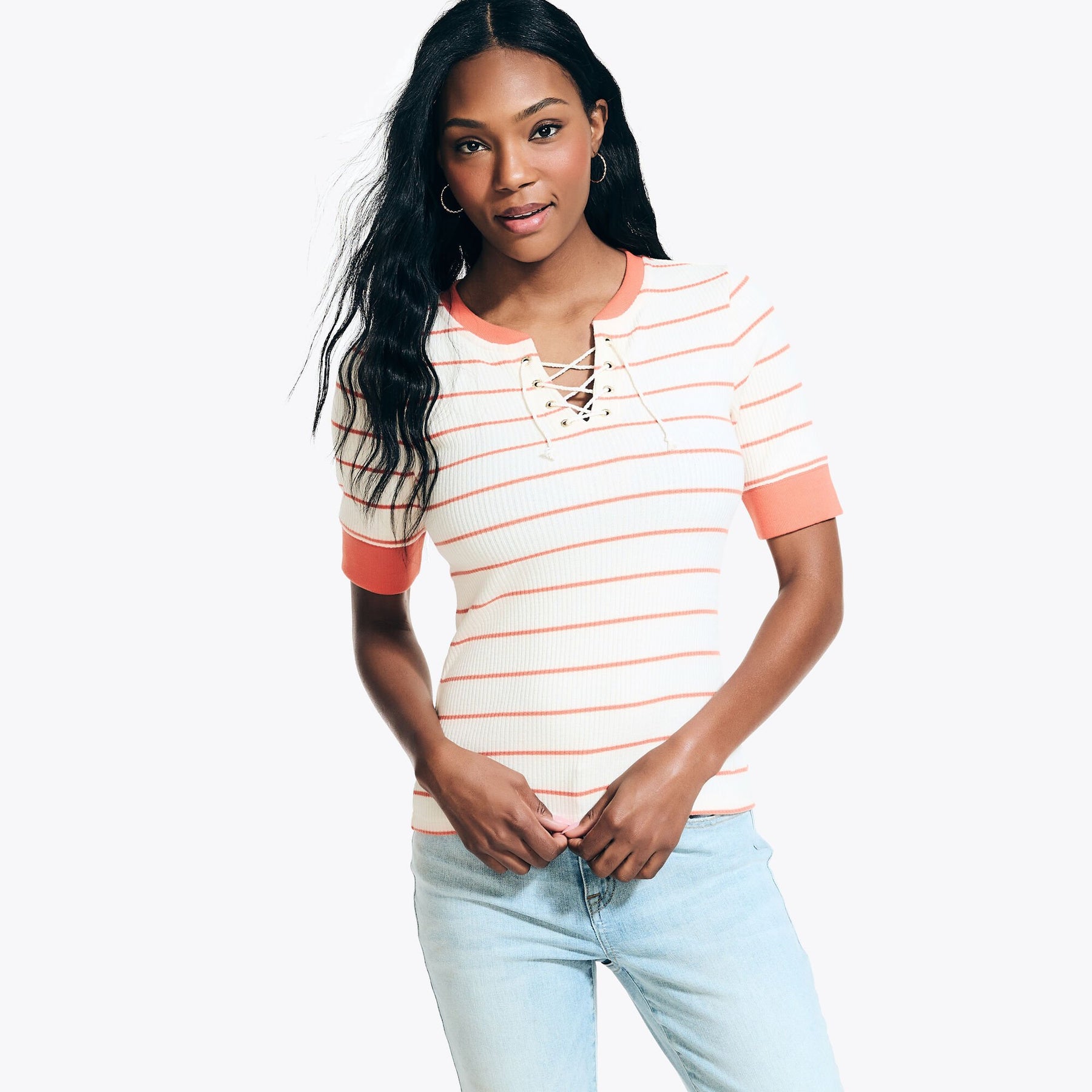 Nautica Women's Striped Lace-Up Top Burnt Orange