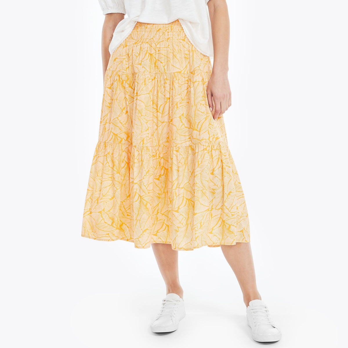 Nautica Women's Sustainably Crafted Palm Print Smocked Skirt Nautica Yellow