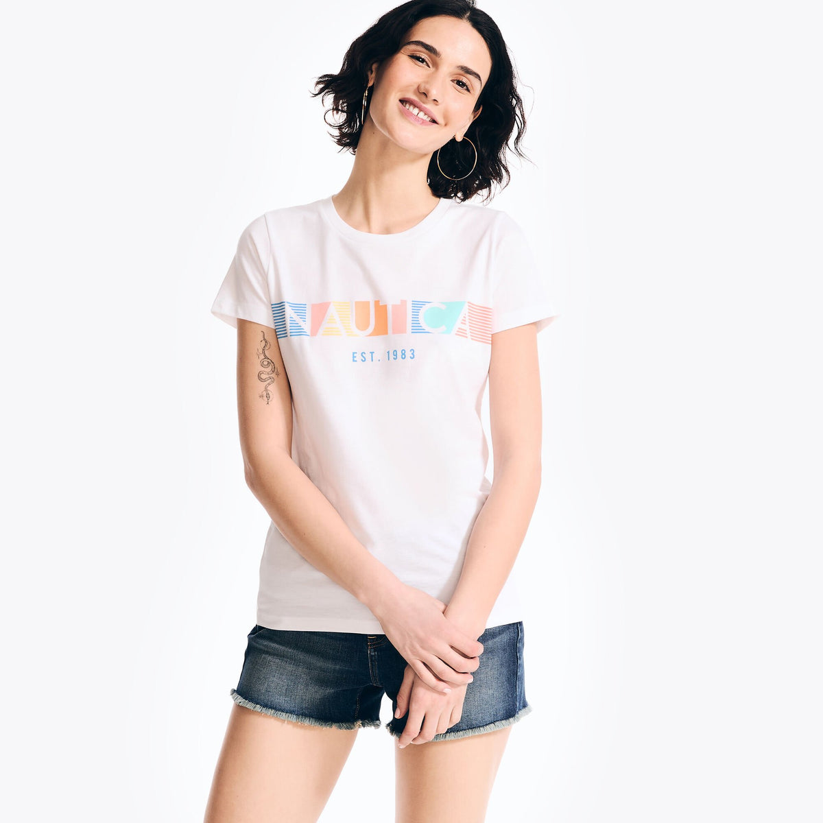 Nautica Women's Sustainably Crafted Chest-Stripe Graphic T-Shirt Bright White