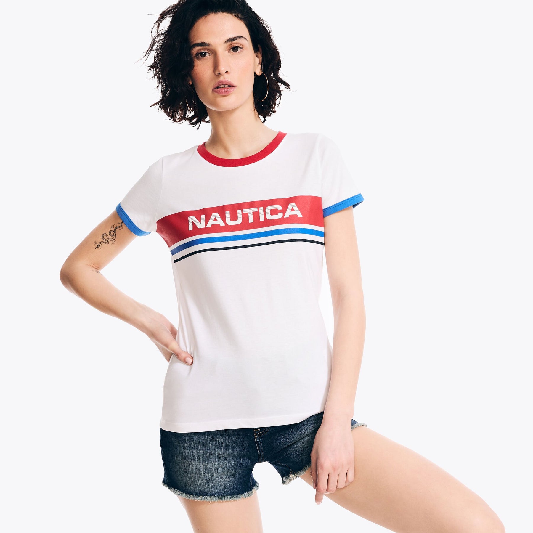 Nautica Women's Sustainably Crafted Chest-Stripe Logo Graphic T-Shirt Bright White