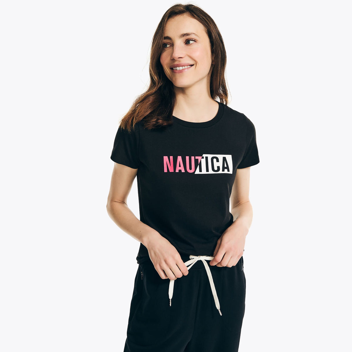 Nautica Women's Sustainably Crafted Embroidered Logo Graphic T-Shirt True Black