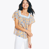 Nautica Women's Sustainably Crafted Square-Neck Floral Printed Shirt Fire Orange