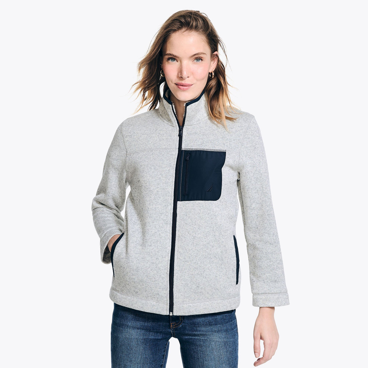 Nautica Women's Sweater Fleece Zip-Up Jacket Fog