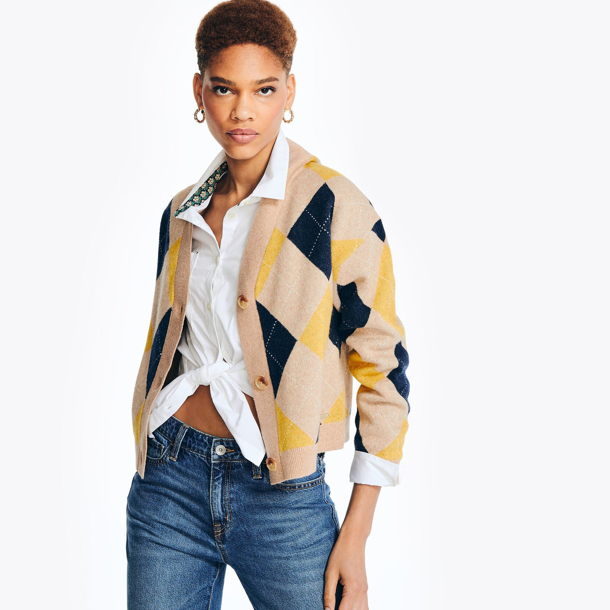Nautica Women's Sustainably Crafted Argyle Jacquard Cardigan Woodrift Flax