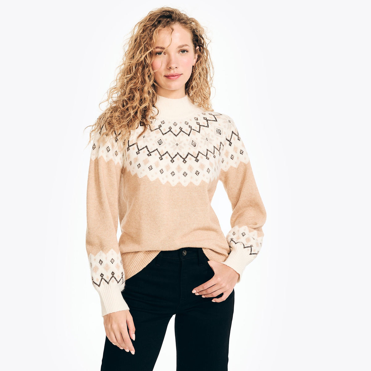 Nautica Women's Sustainably Crafted Mock-Neck Fair Isle Sweater Woodrift Flax