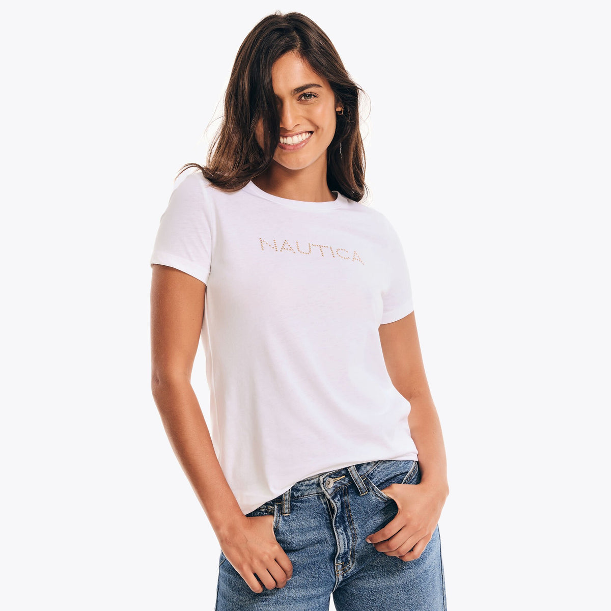 Nautica Women's Sustainably Crafted Studded Logo Crewneck T-Shirt Bright White