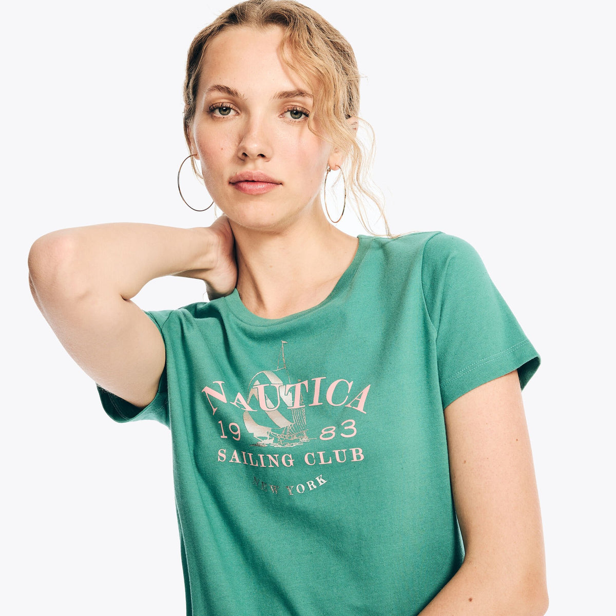 Nautica Women's Sustainably Crafted Foil Sailing Club Graphic T-Shirt Cactus