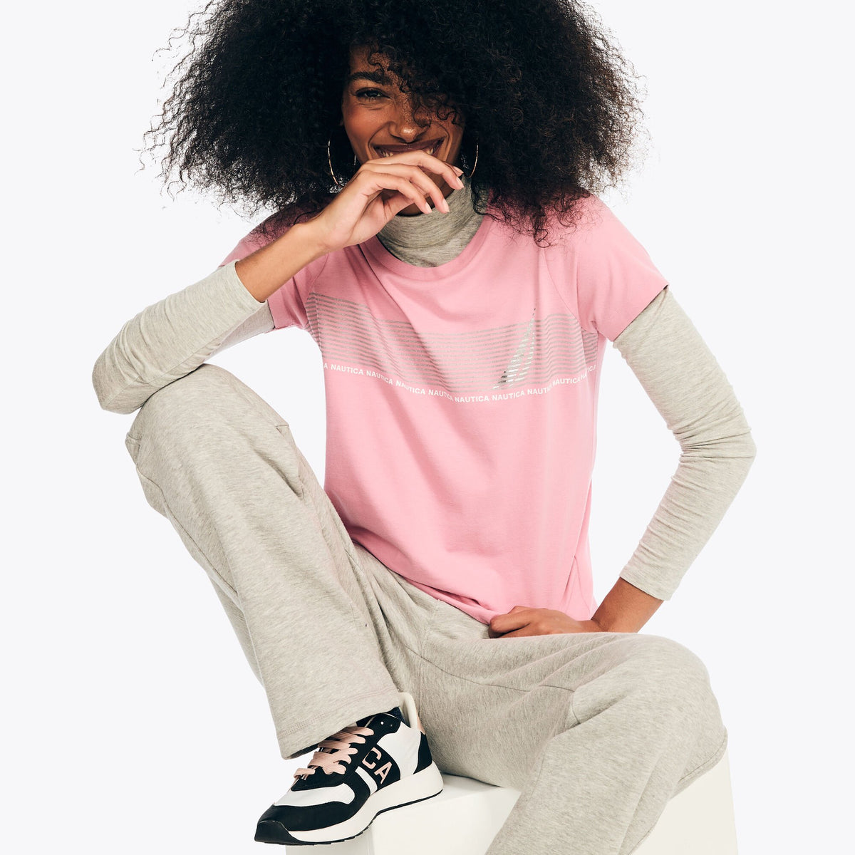 Nautica Women's Sustainably Crafted Striped J-Class Foil Graphic T-Shirt Pale Coral