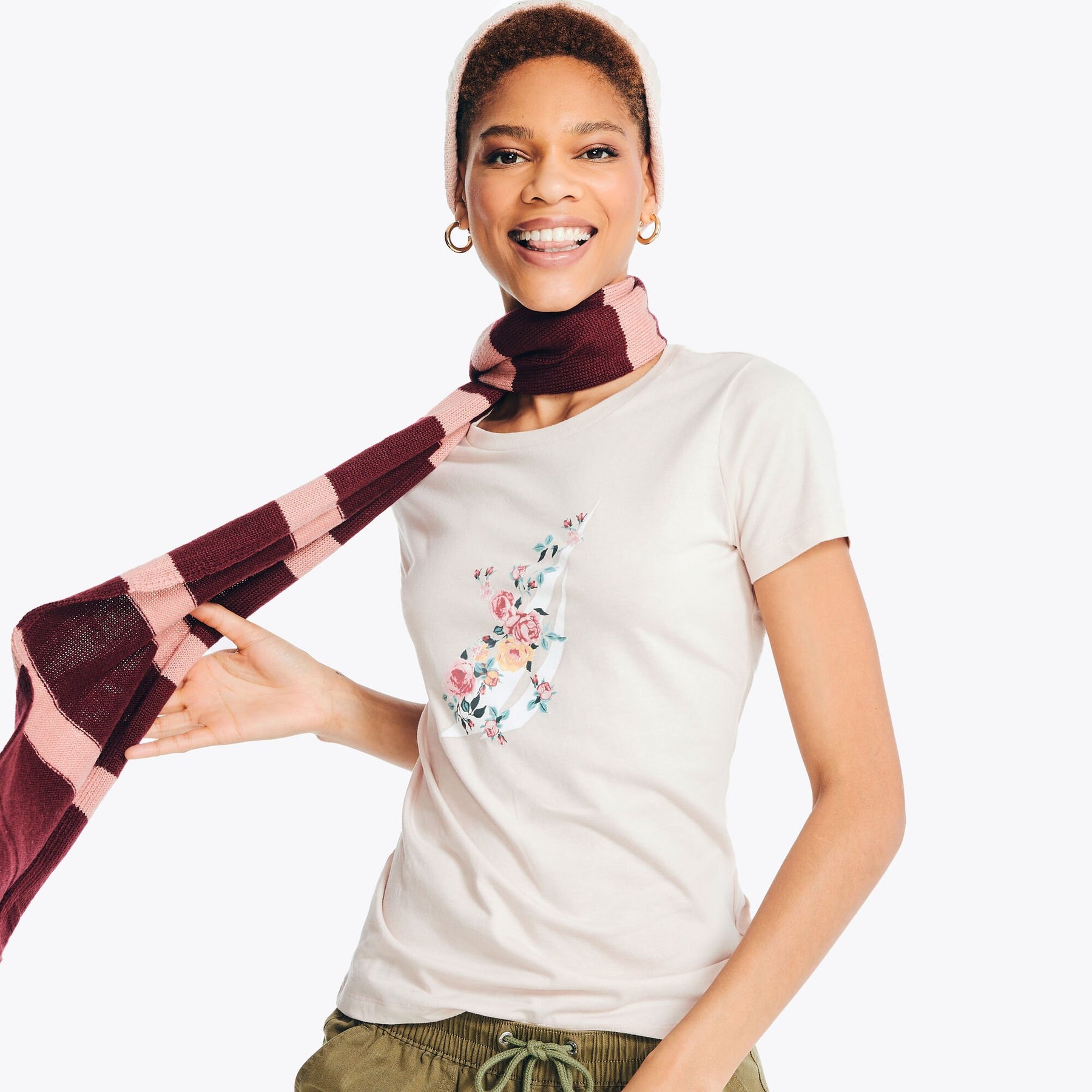 Nautica Women's Sustainably Crafted Foil Floral J-Class Graphic T-Shirt Bow Burgundy