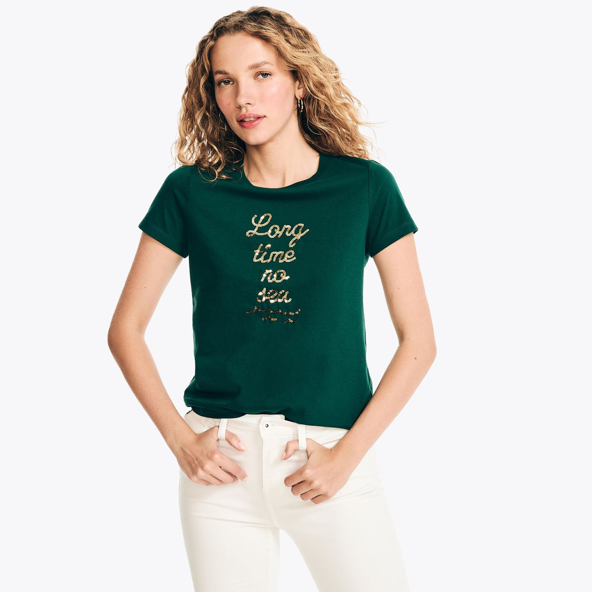 Nautica Women's Sustainably Crafted Long Time No Sea Glitter Graphic T-Shirt Evergreen