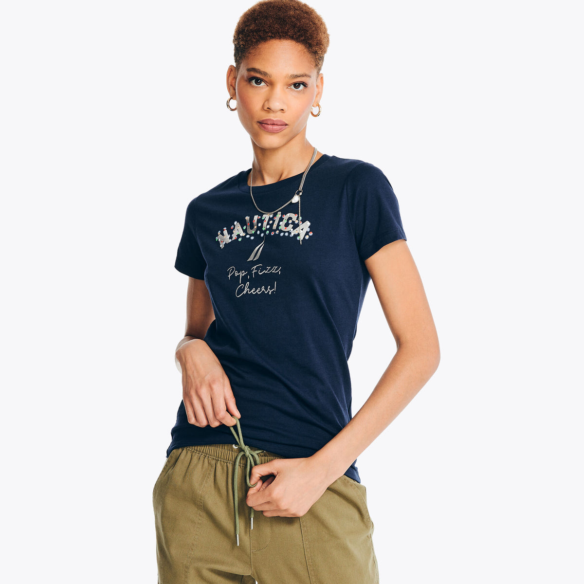 Nautica Women's Sustainably Crafted Pop Fizz Cheers Foil Graphic T-Shirt Stellar Blue Heather