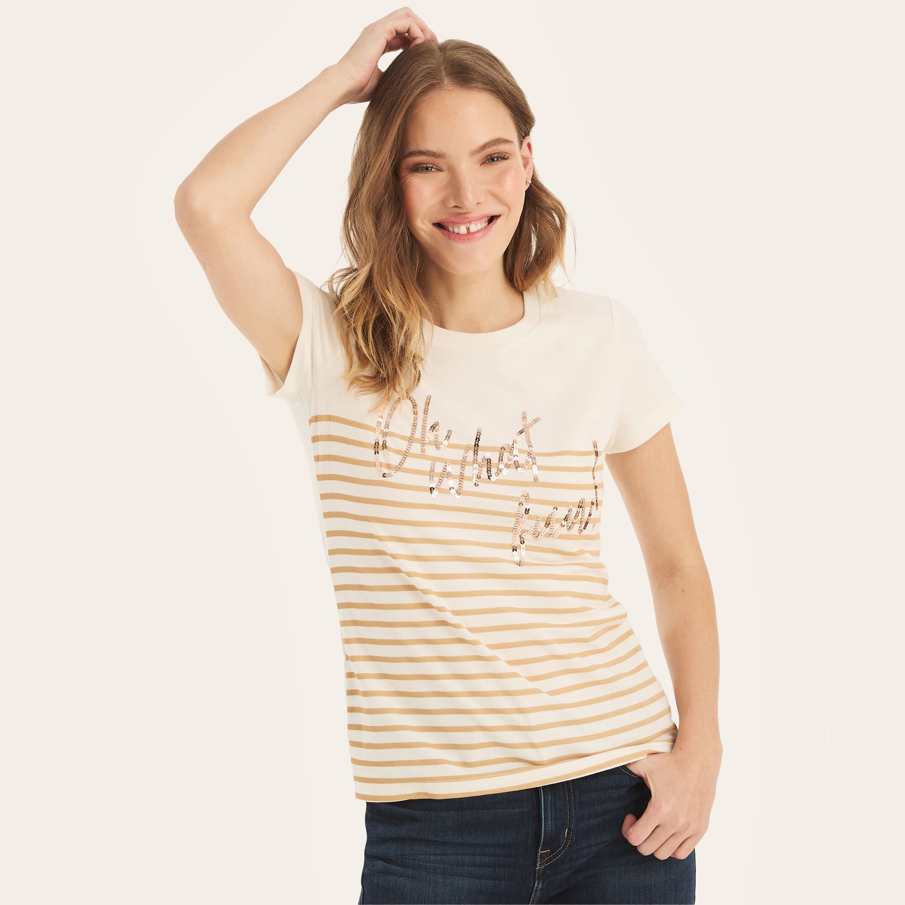 Nautica Women's Sustainably Crafted Oh What Fun Foil Graphic T-Shirt Marshmallow