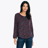 Nautica Women's Split-Neck Floral Print Top Stellar Blue Heather