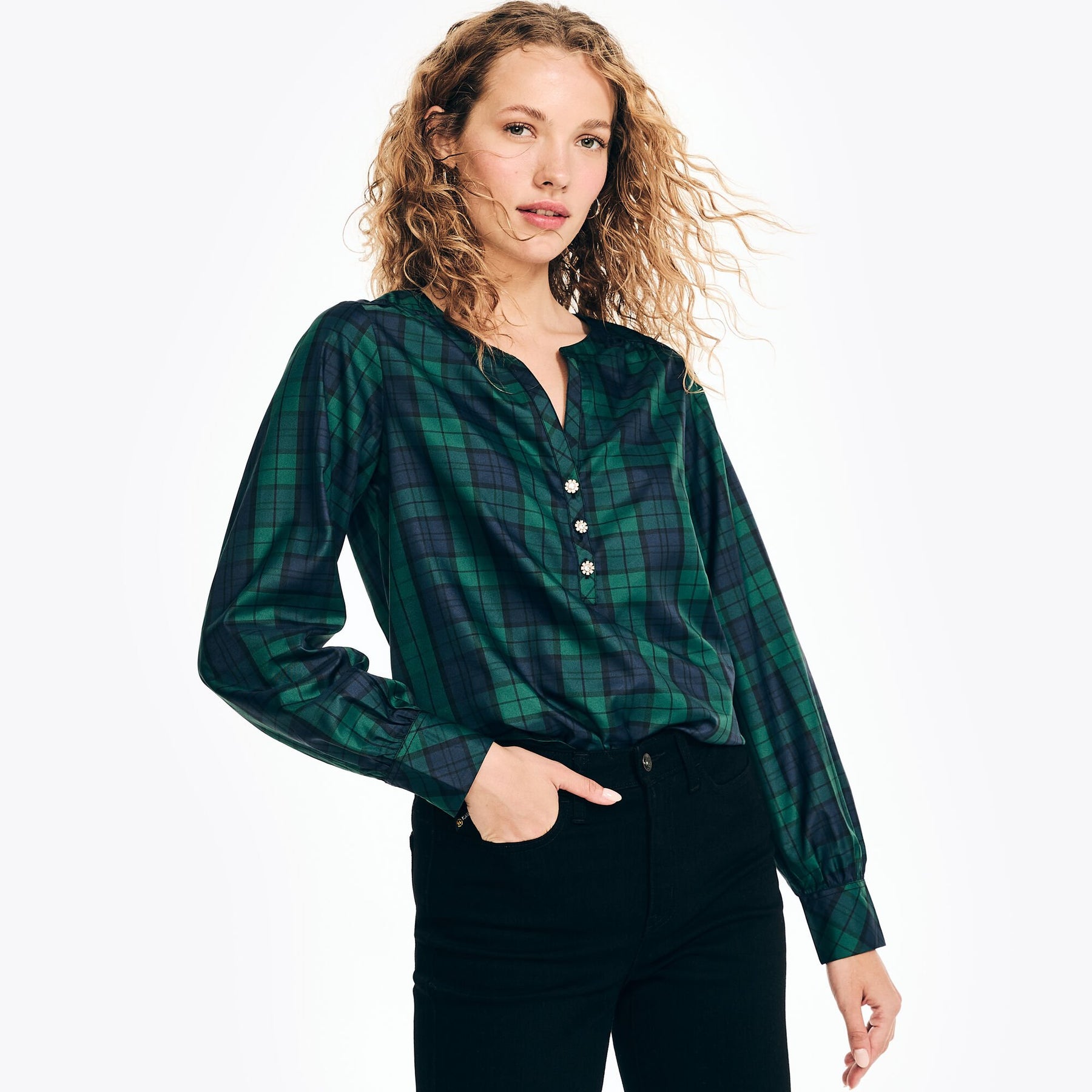 Nautica Women's Split-Neck Plaid Top True Black