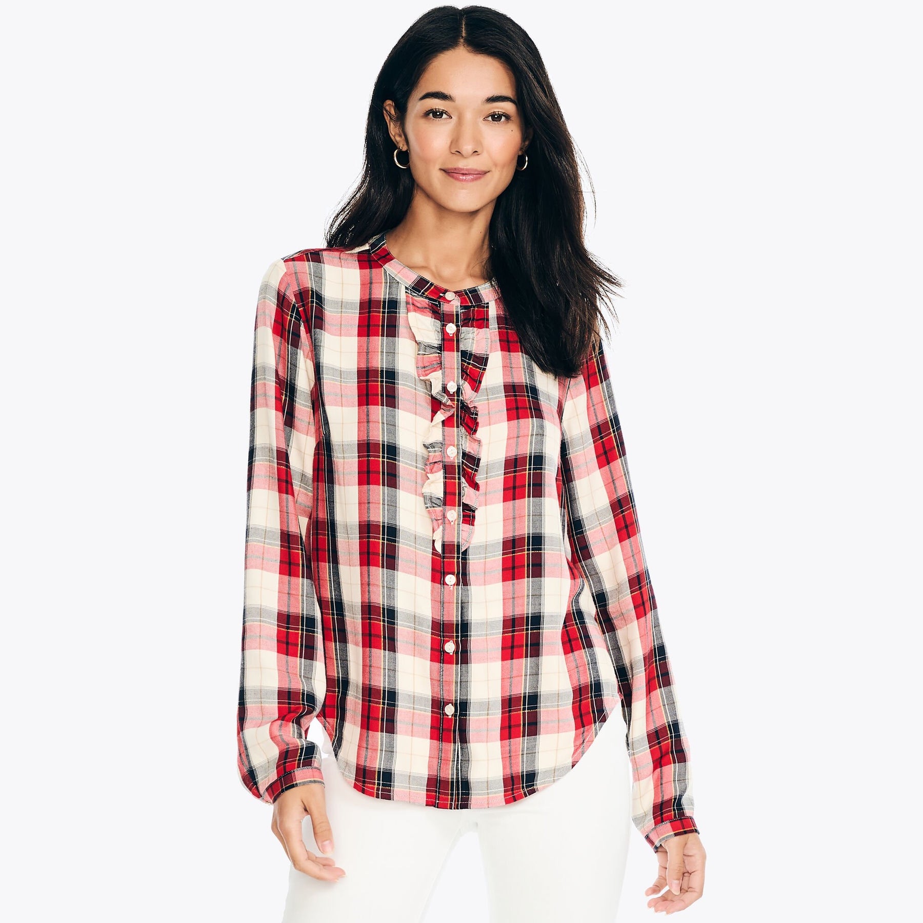 Nautica Women's Ruffle Plaid Top Stellar Blue Heather