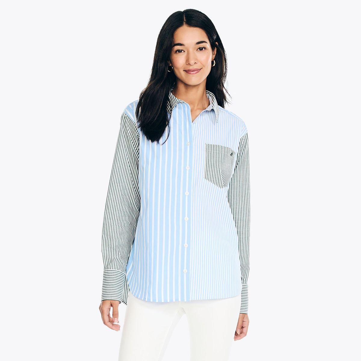 Nautica Women's Striped Colorblock Weekend Shirt Bolt Blue
