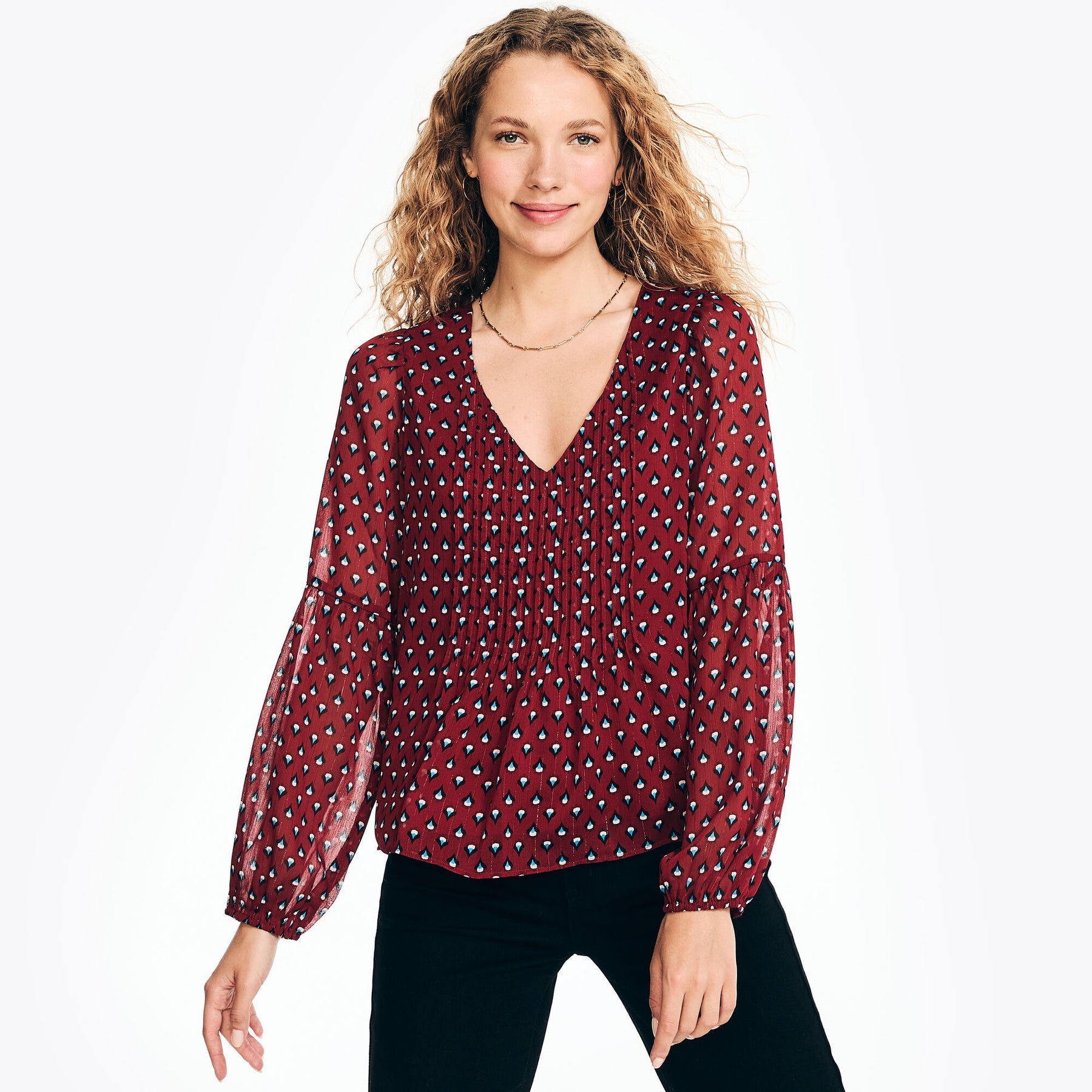 Nautica Women's Printed Pintuck Top Classic Red