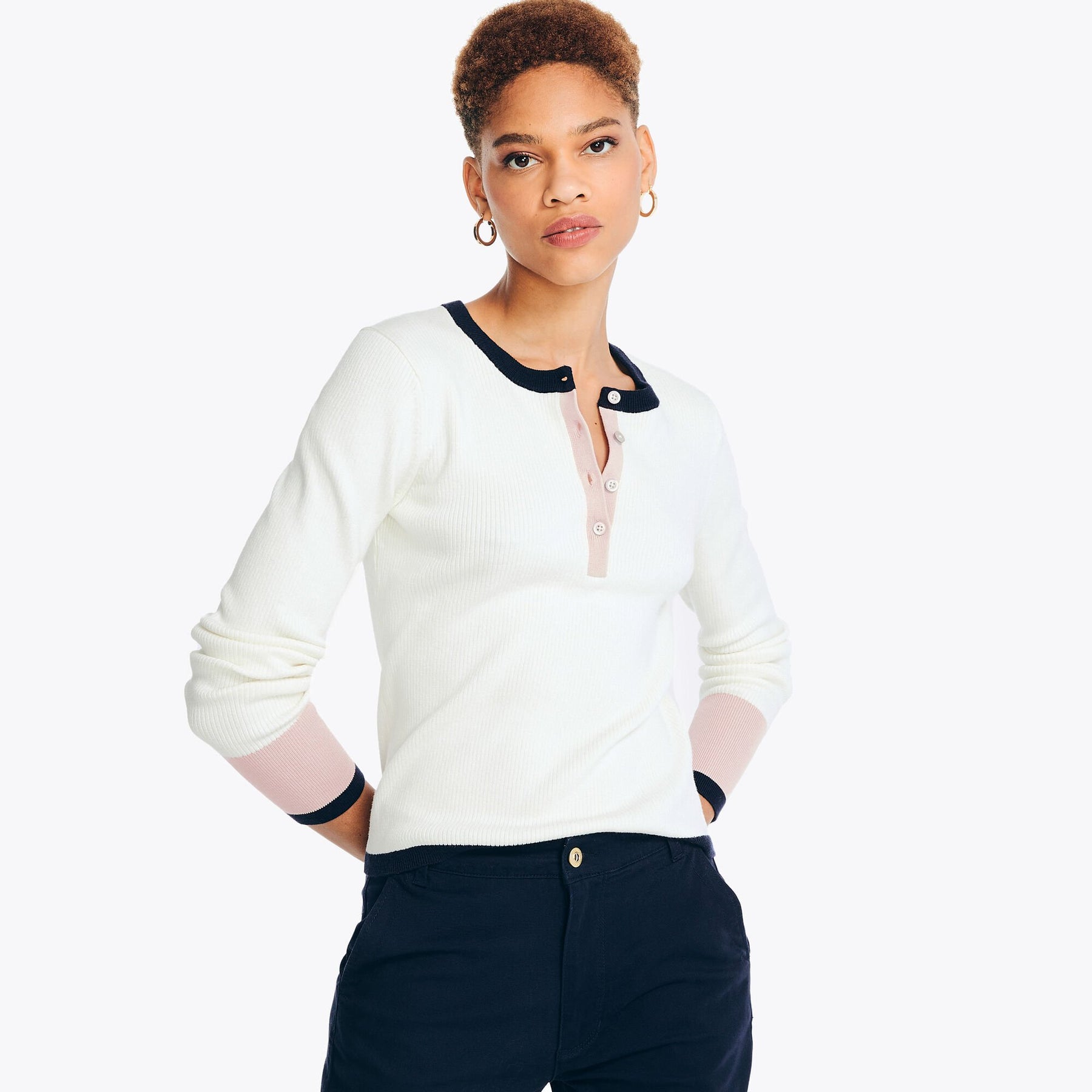 Nautica Women's Sustainably Crafted Ribbed Colorblock Henley Marshmallow