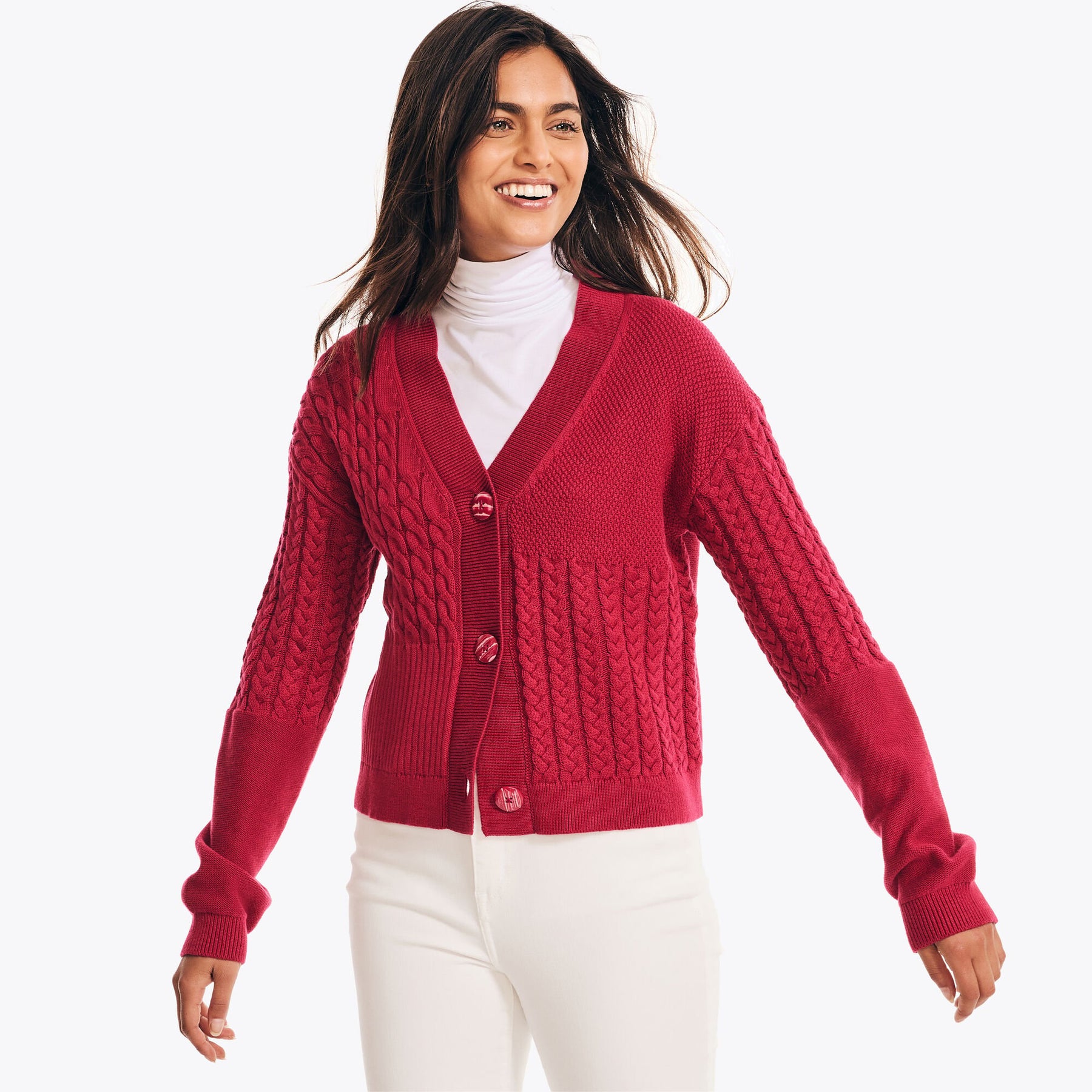 Nautica Women's Mixed Stitch Cardigan Deep Fuschia