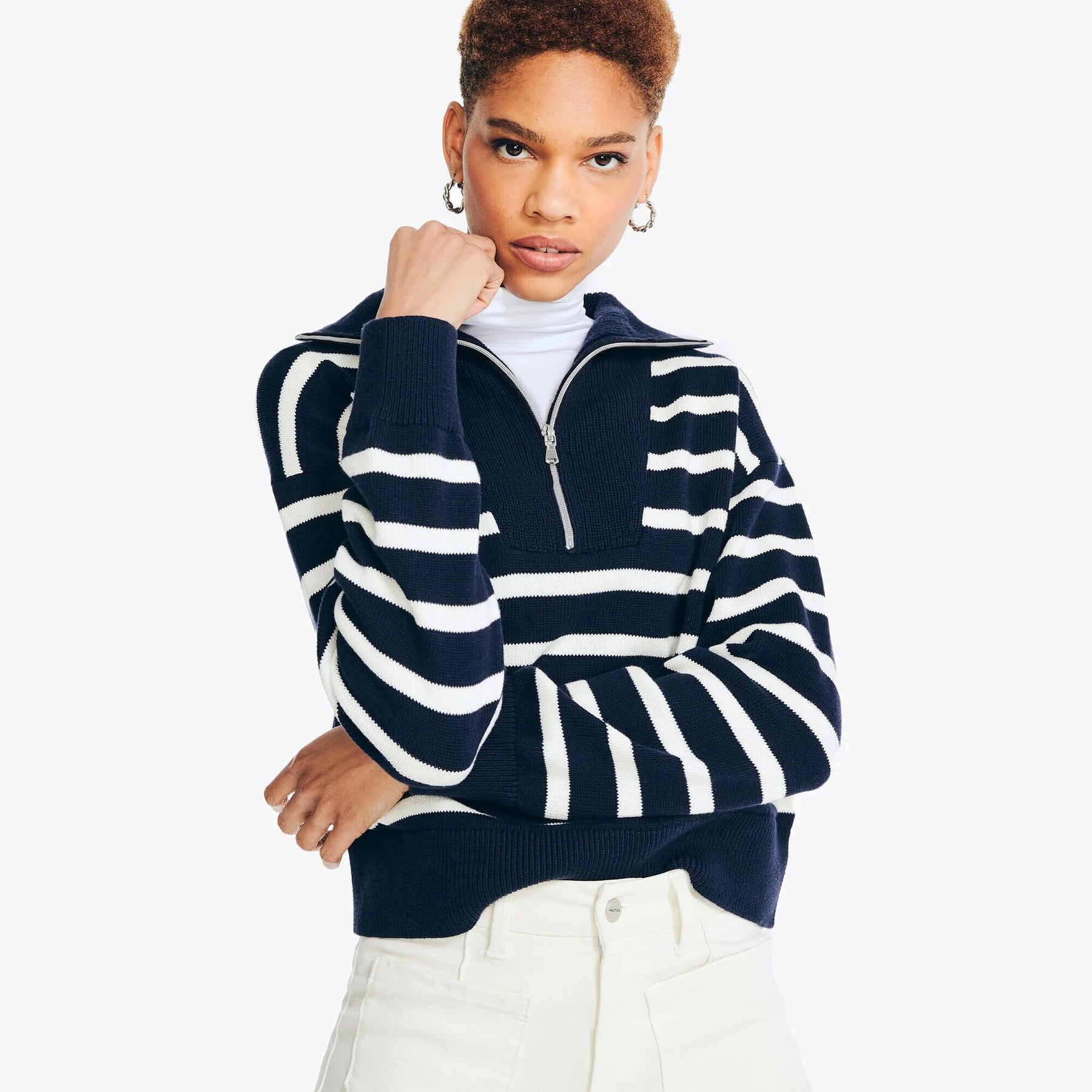 Nautica Women's Quarter-Zip Striped Sweater Stellar Blue Heather