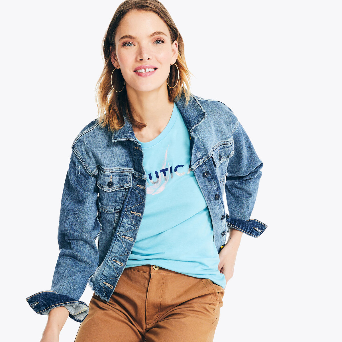 Nautica Women's Sustainably Crafted Glitter Logo Graphic T-Shirt Deep Dive Wash