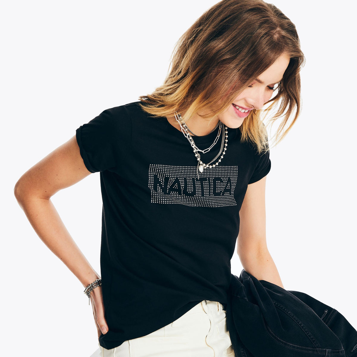 Nautica Women's Sustainably Crafted Rhinestone Logo Graphic T-Shirt True Black