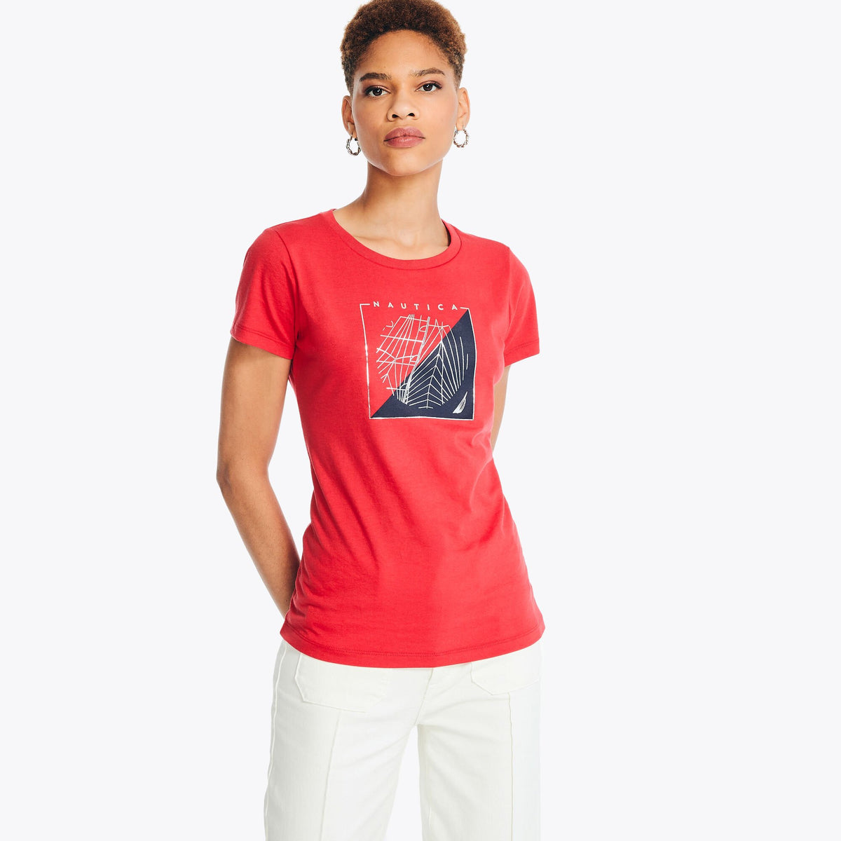 Nautica Women's Sustainably Crafted Heritage Foil Logo Graphic T-Shirt Tomales Red