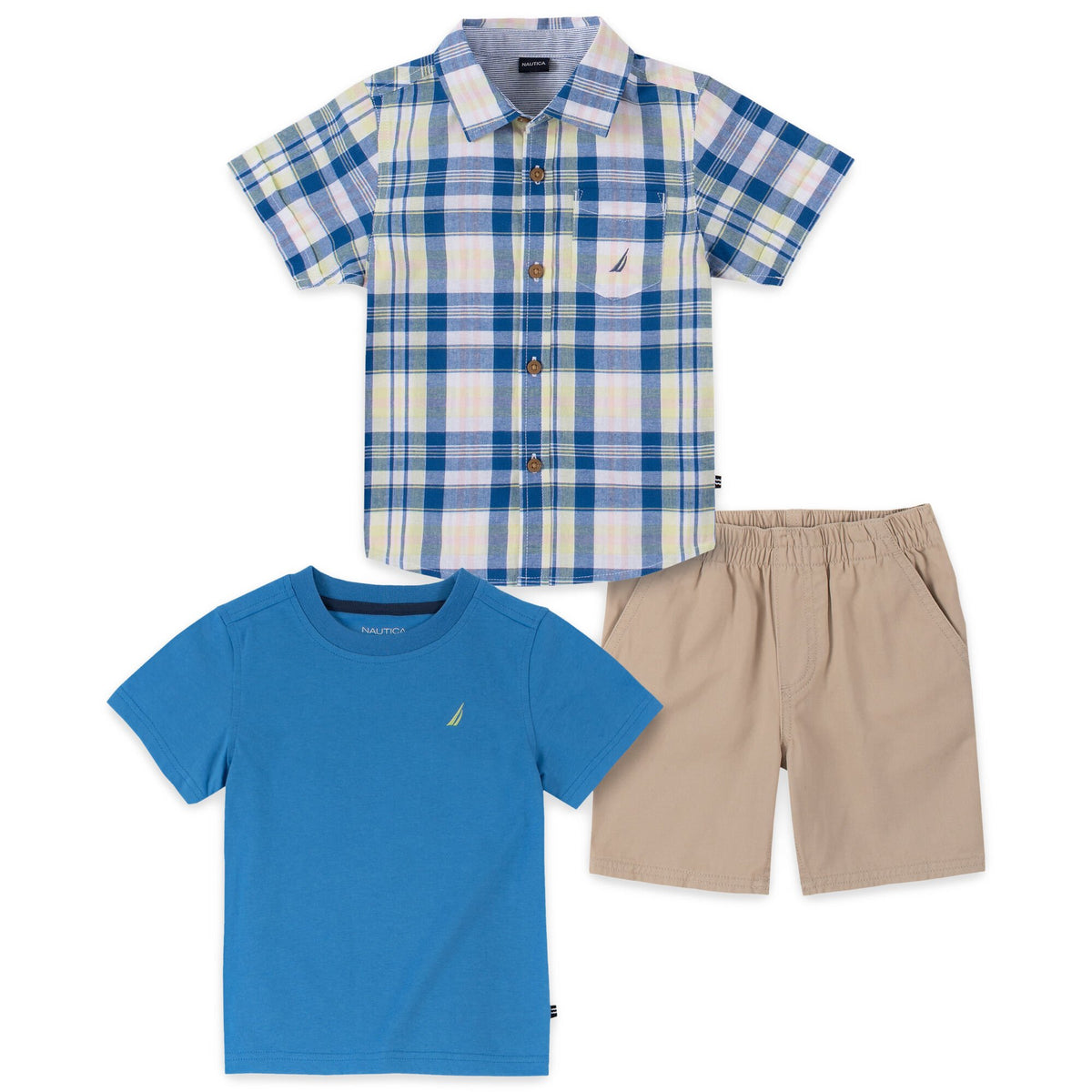 Nautica Toddler Boys' Plaid Shirt And T-Shirt 3Pc Short Set Raspberry