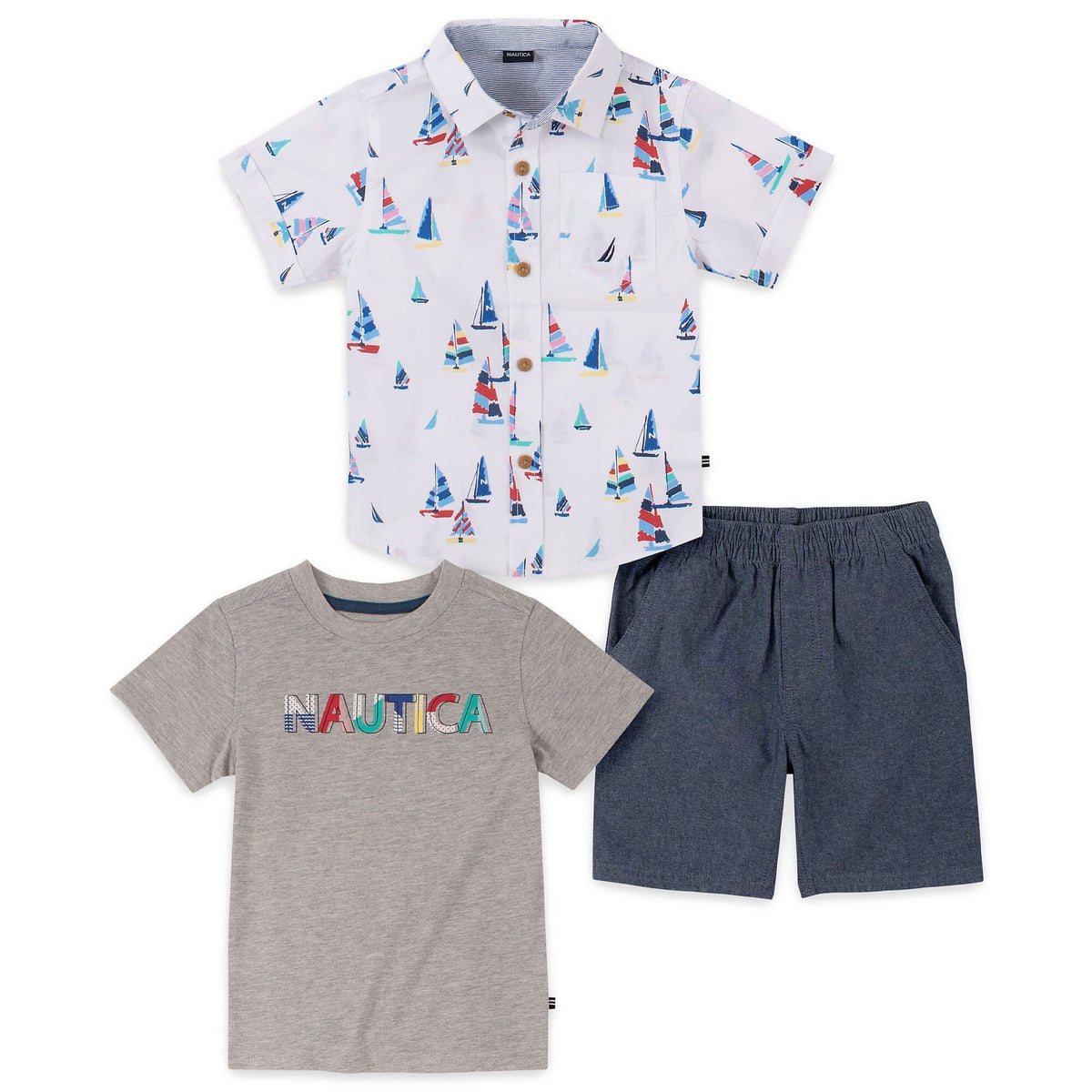 Nautica Toddler Boys' Printed Shirt And T-Shirt 3Pc Short Set Raspberry