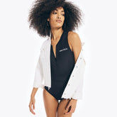 Nautica Women's Quarter-Zip One-Piece Swim True Black