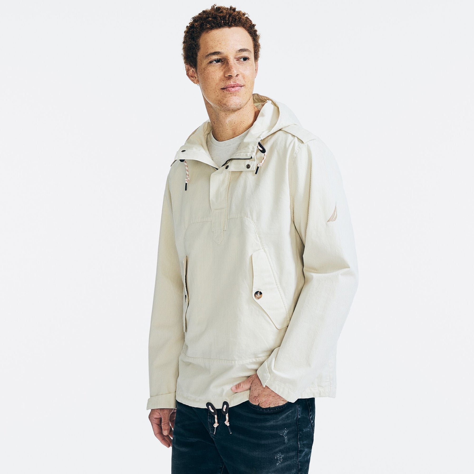 Nautica Men's Pinstripe Hooded Anorak Jacket Sail Cream